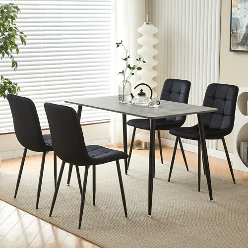 Moderner Esstisch und Stühle in Betonoptik mit 4 Samtstühlen (schwarz)