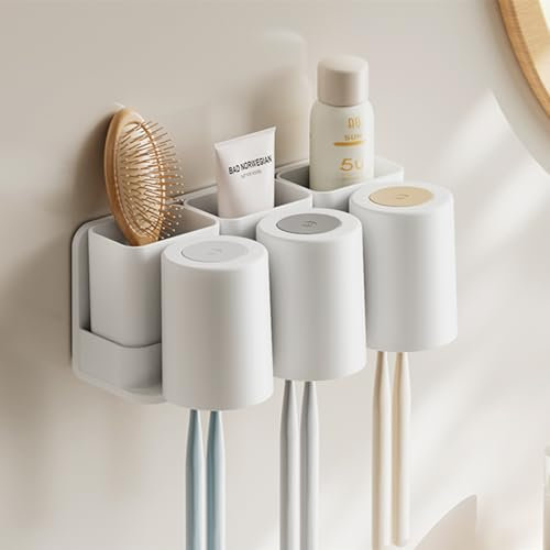 Toothbrush Holder Wall-Mounted, Adhesive Multifunctional Bathroom Storage with 3 Cups & 6 Toothbrush Slots, Includes 3 Detachable Boxes for Toiletries, Waterproof & Space-Saving Design