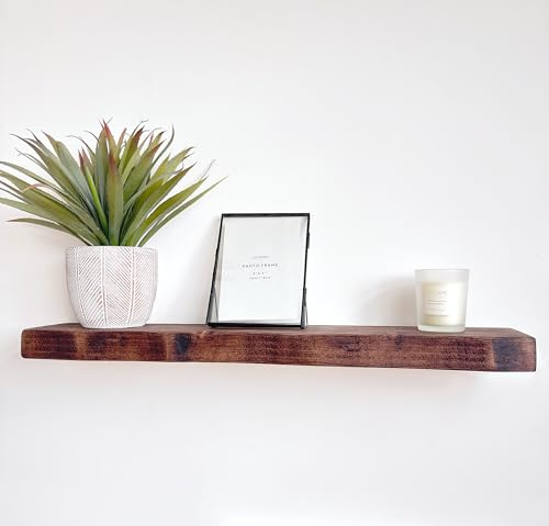 Rustic Floating Shelf Handmade From Solid Wood, Waney Edge,14.5cm Deep, 4.5cm Thick, With Heavy Duty Brackets – Ideal for Kitchen, Living Room, Bedroom & Bathroom Storage (Walnut, 60cm)