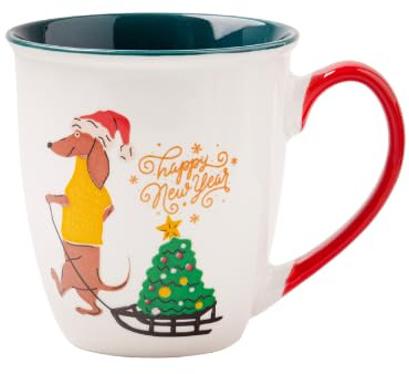 Christmas Dachshund Dog Mug 350ml Cute Festive Dachshund Ceramic Coffee Cup Dog Lover Gift Mug for Hot Chocolate or Tea (H 10cmx W9cm) Assorted Christmas Designs (Dachshund Dog Sledding Tree Mug)