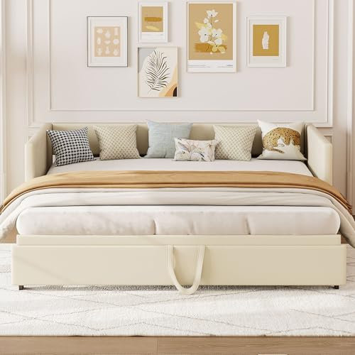 YNYHTER Schlafsofa 90/180 x 200 cm,Schlafsofa mit Bettkasten,Tagesbett Ausziehbar,Schlafcouch Ausziehbar Schlafsofa 200 cm Breit Bett Ausziehbar Zum Doppelbett,ohne Matratze(Beige, 90/180 x 200 cm)