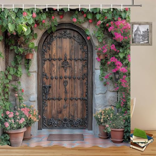 3D Vintage Doors Shower Curtain Mould Proof Resistant Extra Long Shower Curtains 180 x 200 cm Drop Wet Room Waterproof Washable Fabric Flower Vines Bathroom Curtains with 12 Hooks b.1923