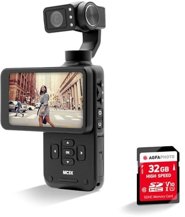 AGFA Gimbal Realimove MC3X + Scheda di Memoria SD da 32 GB – Fotocamera stabilizzatore a 3 Assi 4K Ultra HD, Touch Screen Girevole da 3,5, 20 MP, monitoraggio del Viso, Visione Notturna, grandangolo
