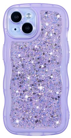 ZTOFERA Sparkly Sequins Wavy Case for iPhone 13 (6.1), Purple | Cute Girly Women Case, Curly Wave Frame Shape, Bling Shiny Glitters, Clear Soft TPU Back Case, Shockproof Protective Cover