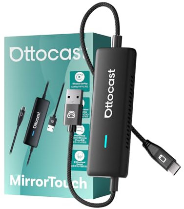 2025 OTTOCAST Mirror Touch, Adattatore CarPlay Wireless 3 in 1 con Mirroring dello Schermo, Controllo Touch Bidirezionale sul Display dell’Auto, Compatibile con iPhone 15+ e Smartphone Android con DP