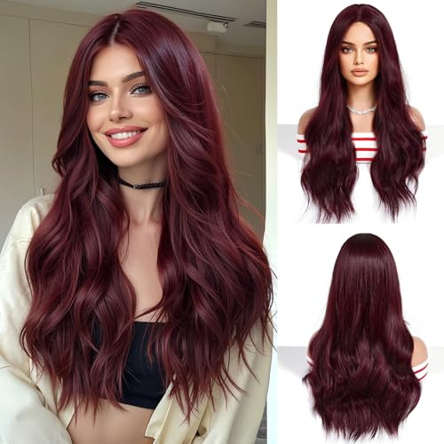 OUFEI Weinrote Perücken für Frauen Lange lockige Perücke Synthetisches Haar Hitzebeständige Perücken für den Alltag Partys und Cosplay