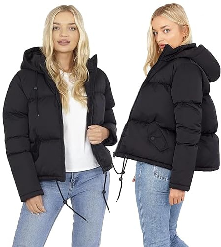 M1427 Short Padded Puffer Jacket, WOMENS LADIES SHORT QUILTED WINTER COAT PUFFER HOODED JACKET PARKA SIZE (UK, Numeric, 10, Regular, Regular, BLACK)
