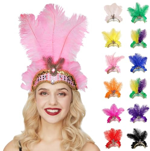 Faschingskostüme Damen Rosa Samba Kopfschmuck Federschmuck Karneval Fasching Mottoparty Vintage Feder Haarreif Carnival Feather Stirnband Federkopfschmuck Brasilien Haarschmuck Cosplay Haarband