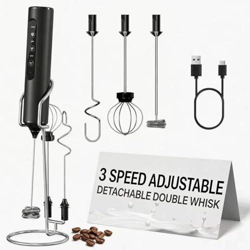 Wiederaufladbarer Hand-Milchaufschäumer mit Ständer, 3 variable Geschwindigkeiten, 3 Quirlaufsätze, elektrischer Getränkemixer für Latte Macchiato, Cappuccino, Kakao, Eier & Proteinpulver, schwarz
