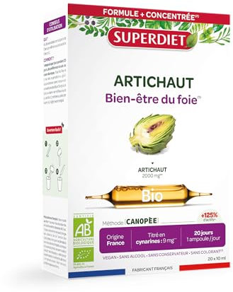 SUPERDIET - ARTICHAUT BIO – Bien-être du foie – Phytothérapie – Fabrication Française – 20 ampoules de 10 ml