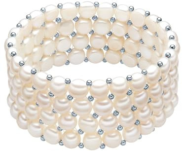 Valero Pearls Damen-Armband elastisch Süßwasser-Zuchtperlen in ca. 6 mm Button weiß 925 Sterling Silber 19 cm - Perlenarmband mit echten Perlen weiss