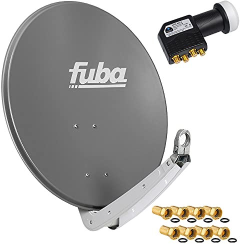 FUBA 4 Teilnehmer Digital SAT Anlage DAA650A anthrazit + Hochwertiger Marken Quad LNB 0,1dB Full HDTV 4K + 8 x Vergoldete F-Stecker