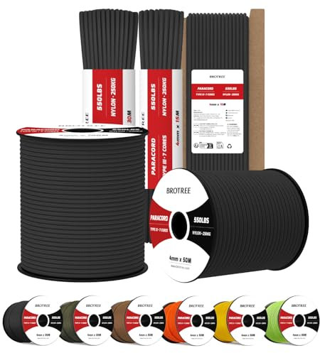 Brotree 4mm Paracorde 550 7 Brins Corde en Nylon 50M Type III Corde Parachute pour Survie, Extérieur, Bricolage - 250kg Charge de Rupture (Noir)