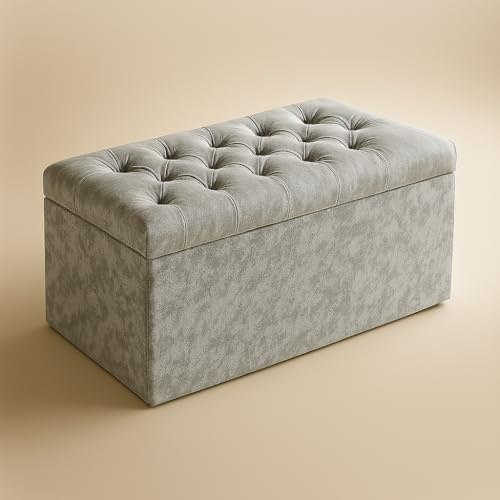 Spring Well Spanish Crushed Velvet Crystal, Diamante, Ottoman, Storage, Blanket Box (Silver, Large)