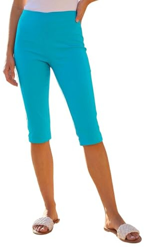 Roman Knee Length Shorts for Women UK - Ladies Cropped Capri Stretch Bengaline Pants Crop Trousers Summer Legging Lounge Essentials Elasticated Casual Clothes - Size 16 - Turquoise