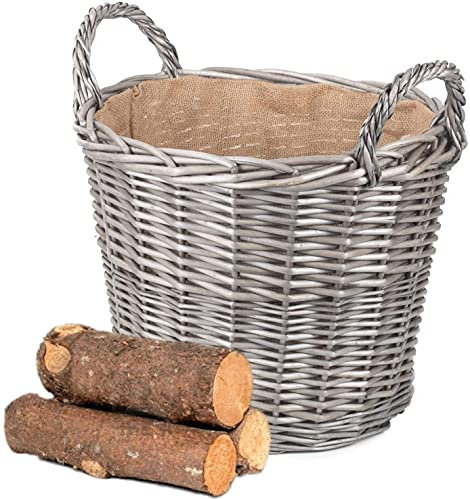 Wrenbury Wicker Log Basket Large 38cm - Lined Log Baskets for Wood Burner Indoor - Round Willow Storage for Logs - Grey Fire Wood Basket for Fireplace