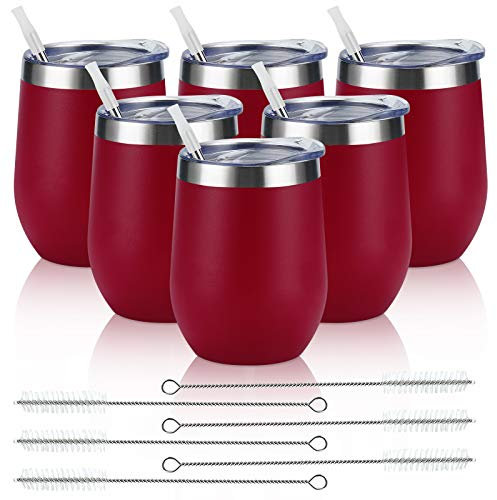 Lot de 6 verres à vin en acier inoxydable, 340,2 g, verre à vin isotherme, verre à vin sans pied en acier inoxydable avec couvercles pour café, vin, cocktails, champagne, vin rouge