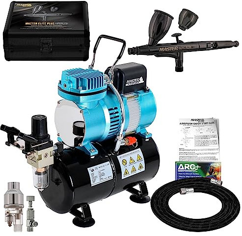 Master Airbrush Cool Runner II Dual Fan Air Storage Tank Compressor System Kit with Master Elite Plus Level Performance Airbrush Set, Case, Dual-Action, 0.3mm Tip, 2 Cups, Hose Holder, Filter, Art