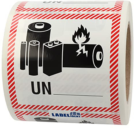 Transportaufkleber - enthält Lithium-Ionen- oder Metall-Batterien, UN zum Selbstbeschriften - 100 x 100 mm - 500 Batterie Aufkleber auf 1 Rolle(n), Akku Etiketten