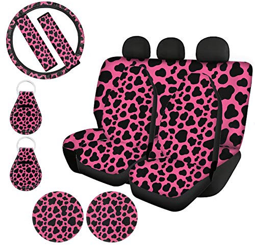 HUIACONG Auto-Sitzbezüge mit Kuh-Aufdruck, Hot Pink, für Damen, geeignet für SUVs, Limousinen, Lieferwagen, Vordersitzschutz, Lenkradbezug, Sicherheitsgurtbezug, Untersetzer und Schlüsselanhänger.