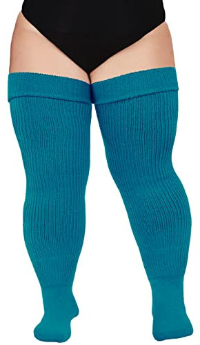 Moon Wood Women Plus Size Thigh High Socks Extra Long Striped Thick Over the Knee Socks Leg Warmer Boot Stockings Blue Raspberry