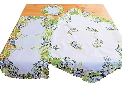 Raebel OHG Tischdecke Tischläufer Mitteldecke Deckchen Frühling Bestickt mit grünen Schmetterlingen (40 x 90 cm)