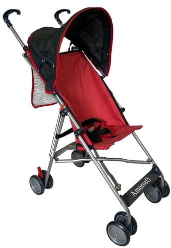 AmorosO Einzelner Regenschirm-Kinderwagen, leicht, reisebereiter Kinderwagen mit EVA-Rädern und Sonnenschutz, rot/schwarz