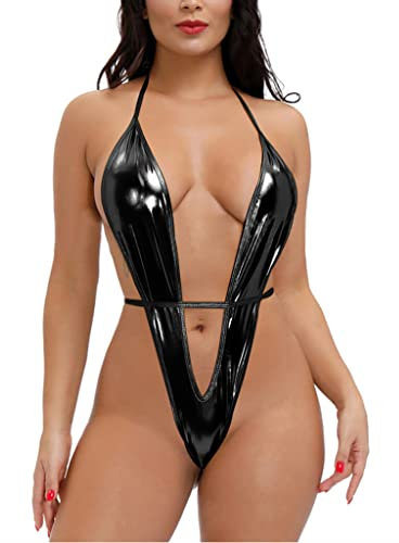 ROSVAJFY Dessous aus Leder Wetlook Damen Lingerie Kunstleder Neckholder Reizwäsche Ein Stück Backless Lederkleid Bodysuit Nighterdres Clubwear Unterwäsche S M L XL (Schwarz)
