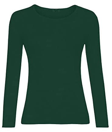 KATSSI Women’s Ladies Long Sleeve Stretch Plain Round Scoop Neck T Shirt Top XL Bottle Green
