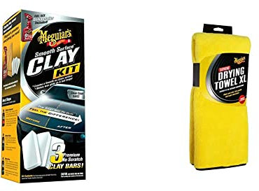 Meguiar's G191700EU Smooth Surface Clay Kit, to remove contaminants such as tree sap, tar, overspray and industrial fallout X1905EU Supreme Microfibre Car Cleaning Drying Towel XL, Yellow