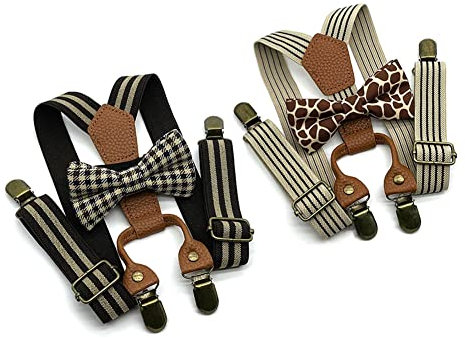 Anshili 2 Pezzi 4 Clips Bambini Bretelle Cravatta a farfalla larghe 2,5 cm (Marrone) (Marrone)