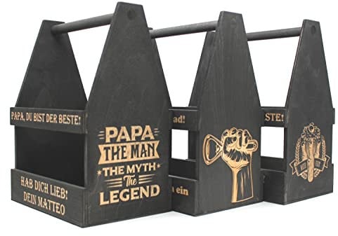 Bierträger personalisiert Sixpack Flaschenträger in SCHWARZ mit Gravur und Motiv, Männerhandtasche Geschenk für Männer Geschenk zum Vatertag Bierkiste für die Grillfeier