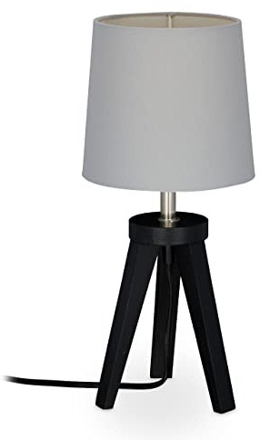 Relaxdays Tischlampe Dreibein, Holz & Stoff, E14, Schirmlampe Wohnzimmer, HxD: 31 x 14 cm, Nachttischlampe, schwarz/grau