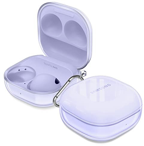 Fintie Hülle für Samsung Galaxy Buds FE (2023)/Galaxy Buds 2 Pro (2022)/Galaxy Buds 2 (2021)/Buds Pro(2021)/Buds Live (2020) - Weiche TPU Transparent Case Schutzhülle mit Karabiner, Durchsichtig LilaC