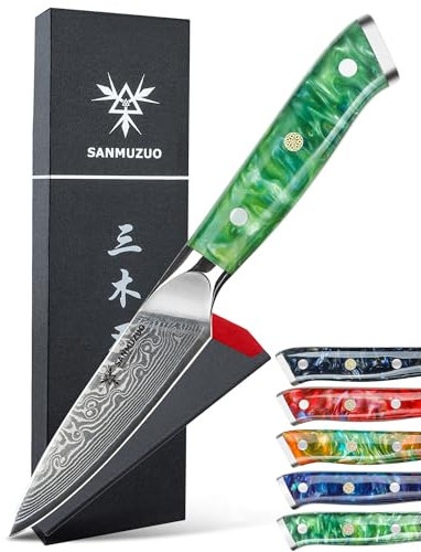 SANMUZUO 3.5 Inch Paring Knife - Kitchen Fruit Vegetable Knife Damascus Steel & Resin Handle - Xuan Series (Jade Green)