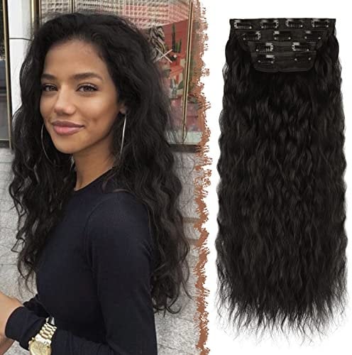 FESHFEN Clip in Extensions Wellen Haarverlängerung, 4 PCS Gewellt Natürlich Schwarz Clip Haar Extensions Synthetik Lang Haarextension Clips Haarteile für Damen, 50 cm