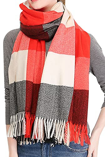AVASAGS Damen Schal Kariert, Winter Karo Tartan Streifen Plaid Muster Scarf Quaste Herbest Schal Deckenschal für Frauen (Orange)