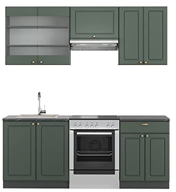 Vicco Küchenzeile Fame-Line, Grün-Gold Landhaus/Anthrazit, 200 cm ohne Arbeitsplatte