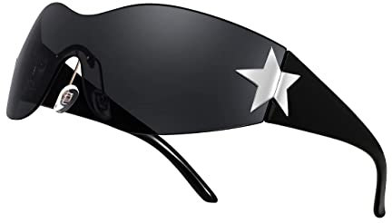 FEISEDY Y2K Wraparound Sonnenbrille Damen Punk Randlose Brille Mit Sternform-Tag Futuristisch und Techno-Stil B9090