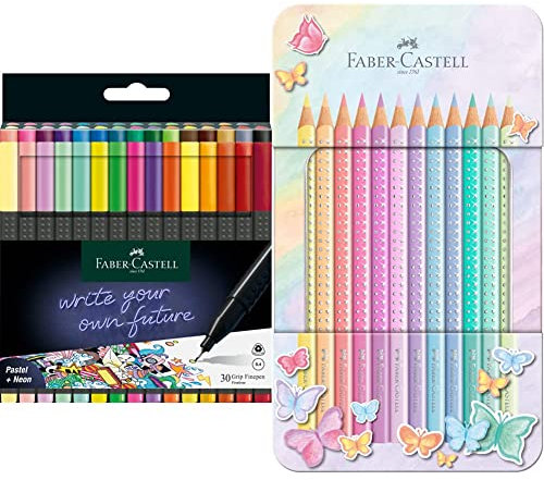 Faber-Castell 151630 - Grip Finepen, Fineliner, mit metallgefasster Faserspitze 0.4 mm, 30er Etui & 201910 - Buntstifte Sparkle Pastell, 12er Metalletui, 12 Stück (1er Pack)