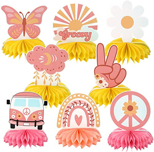 SAVITA 8 Stück Hippie Party Deko, Wiederverwendbare Groovy Deko für Tische, groovige Boho Hippie Partydekorationen mit Büroklammern für Mädchen Teenager Gänseblümchen Schmetterlingsschild