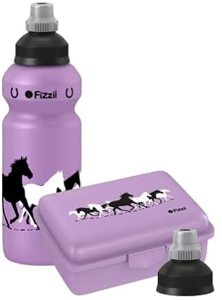 Fizzii Set Trinkflasche 500ml + Lunchbox inkl. Obst-/ Gemüsefach (schadstofffrei, spülmaschinenfest, Motiv: Pferd flieder)