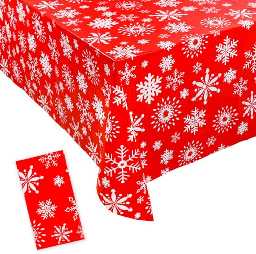 JOFONY Weihnachten Tischdecke,Schneeflocke Tischdecke,Rot Kunststoff Weihnachtstischdecke,Rechteck Partytischdecke für Weihnachtsessen Esstische Picknicks Innen Außenbereich,137 x 274cm