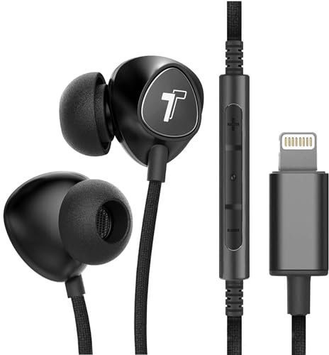 Thore iPhone Earphones (Apple MFi Certified) V110 in Ear Braided Wired Lightning Earbuds (Sweat/Water Resistant) Headphones with Mic/Volume Remote for iPhone 14/13/12/11/Pro Max - Black