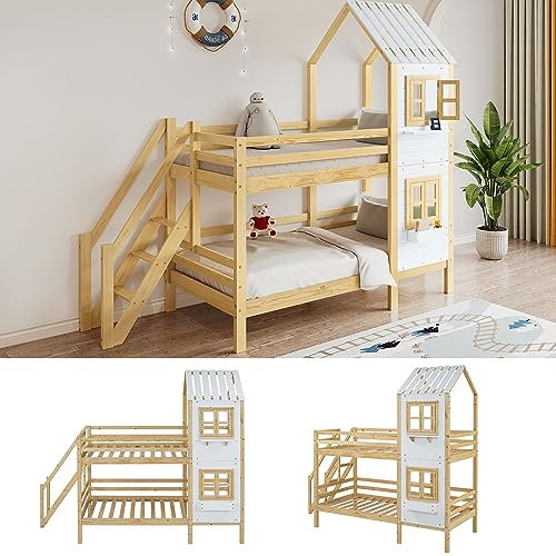 kubeier Kinderbett, Hochbett 90x200 mit Leiter, Etagenbett mit Handlauf und Fenster, Spielbett, Hausbett, Platzsparendes Kinder Etagenbett aus massiver Kiefer, Weiß+Natur