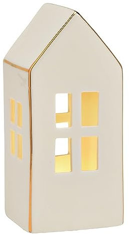 Porzellan Lichthaus LED Weiß & Gold Dekolicht mit LED-Beleuchtung | Edles Dekohaus aus Porzellan | Weihnachtsdeko & Tischdeko | 6×15×6 cm | Geschenkidee Weihnachten