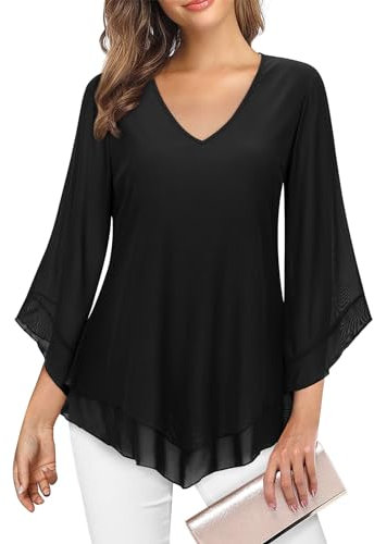 Gemulate Womens Black Blouses Ruffle 3/4 Sleeve Blouses for Women Tunic Tops Loose Flowy V Neck Chiffon Top Double Layers Mesh Shirts-Black, XL