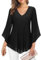 Gemulate Womens Black Blouses Ruffle 3/4 Sleeve Blouses for Women Tunic Tops Loose Flowy V Neck Chiffon Top Double Layers Mesh Shirts-Black, XL