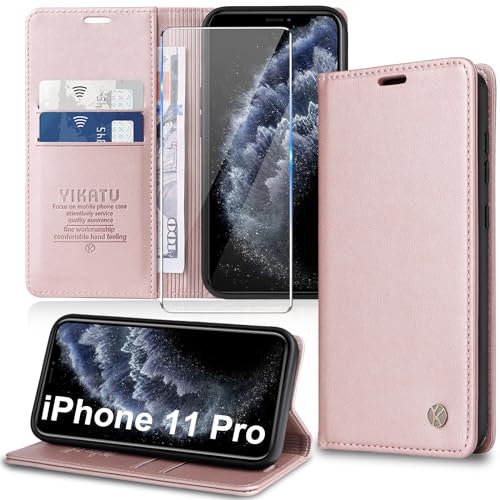 Migexxkj Handyhülle für iPhone 11 Pro Hülle [mit Schutzfolie][Premium PU Leder] Klapphülle Kartenfach Magnetic Ständer Flip Case Cover Etui Tasche Schutzhülle für iPhone 11 Pro 5.8“ (Pink)