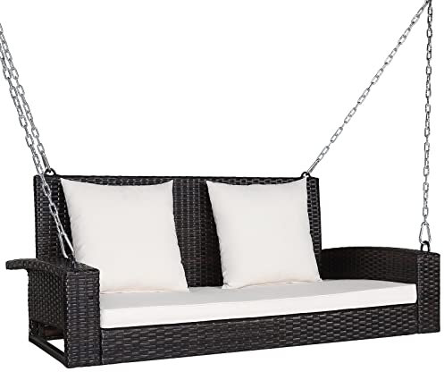 COSTWAY 2 Seater Porch Swing Chair, Rattan Patio Swing Bench Loveseat with 2 Pillows, Seat Cushions & Hanging Chains, Outdoor Garden Hanging Swing Seat Hammock for Balcony Yard Lawn (White)